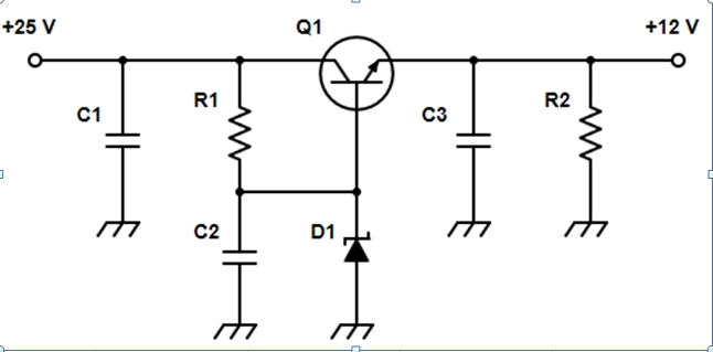 Regulador linear série: entrada de +25 V no colector de Q1, saída de +12 V no emissor; R1 alimenta a base e o Zener D1; C2 está em paralelo com D1; C1 filtra a entrada, C3 desacopla a saída e R2 liga a saída à massa.