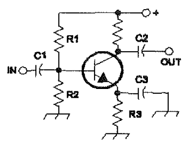 Variante de emissor comum: R1/R2 polarizam a base, R3 está no emissor, há uma resistência sem referência no colector, C1/C2 fazem acoplamento e C3 desacopla o emissor.