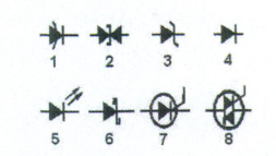 Oito símbolos numerados: 1 varicap, 2 DIAC, 3 Zener, 4 díodo comum, 5 LED com setas para fora, 6 Schottky, 7 tirístor SCR e 8 TRIAC.