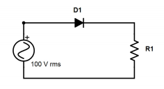 Rectificador de meia onda da pergunta original: fonte sinusoidal de 100 V eficazes, díodo e resistência de carga. Num modelo ideal, o pico da tensão é aproximadamente 141 V e a tensão inversa máxima no díodo é desse valor. A figura conserva a ligação original da fonte.