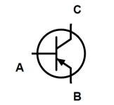Transístor PNP da figura original: A = base; B = emissor; C = colector. A seta no emissor aponta para a base. As letras identificam os pontos do enunciado e não devem ser confundidas com as abreviaturas habituais B, C e E.